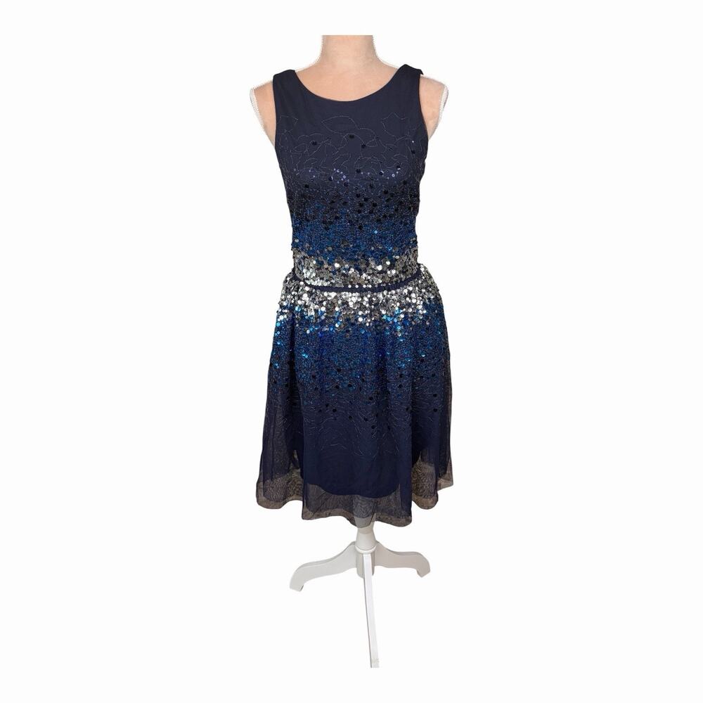 H&M Navy Blue Sequin Ombre Fit Flare Party Dress Girls 14+ Knee Length